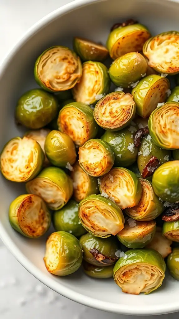 A bowl of garlic roasted Brussels sprouts, golden brown and glistening.