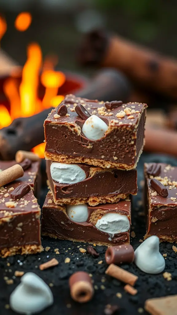 A stack of s'mores fudge squares with marshmallows and chocolate chips, set against a warm fire background.