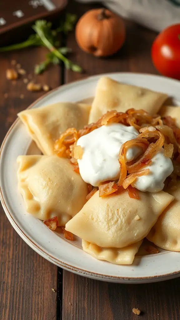 A plate of classic potato and cheese perogies topped with sautéed onions and sour cream.