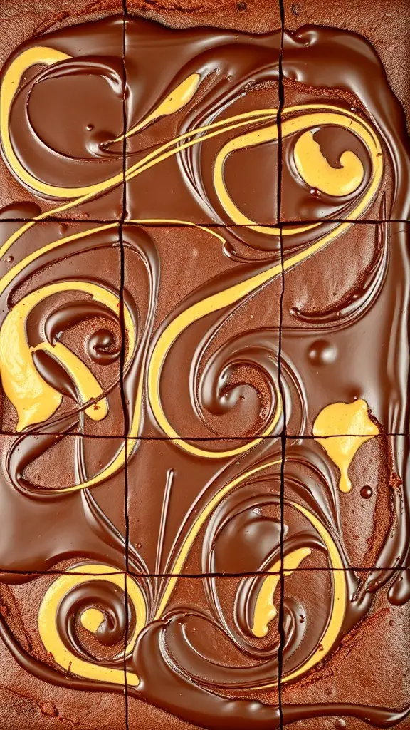 Peanut butter brownies with a chocolate and peanut butter swirl, cut into squares.