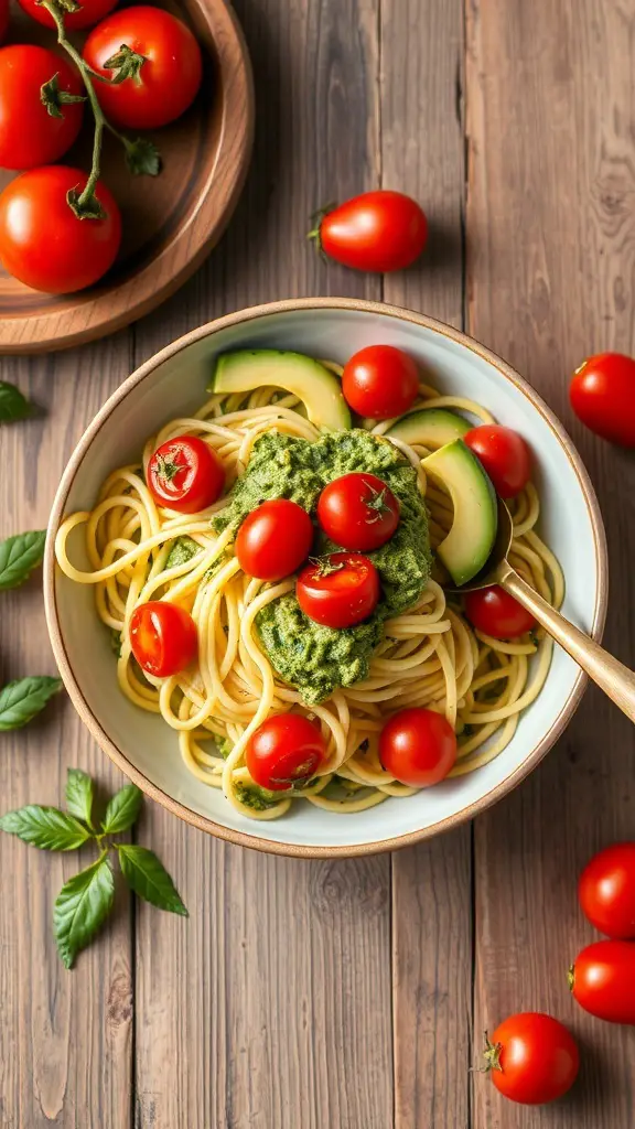 A bowl of zucchini noodles topped with avocado pesto and cherry tomatoes, surrounded by fresh tomatoes on a wooden table.