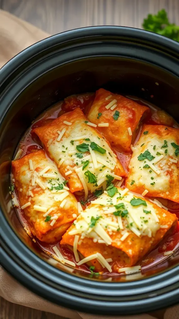 Crockpot filled with Vegetarian Cabbage Roll Casserole, featuring cabbage rolls in tomato sauce topped with melted cheese.