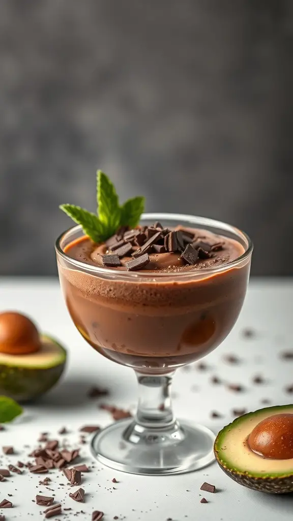 A glass of chocolate avocado mousse topped with chocolate shavings and mint, with avocado halves beside it.