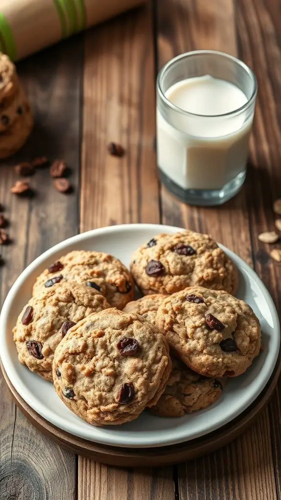 A plate of classic chewy oatmeal raisin cookies with a glass of milk