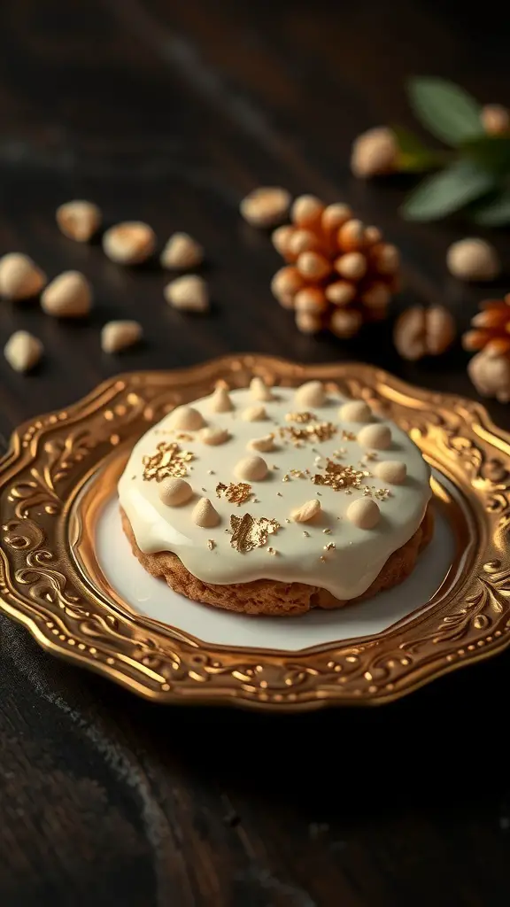 A beautifully decorated white chocolate macadamia nut cookie with edible gold flakes on a golden plate.