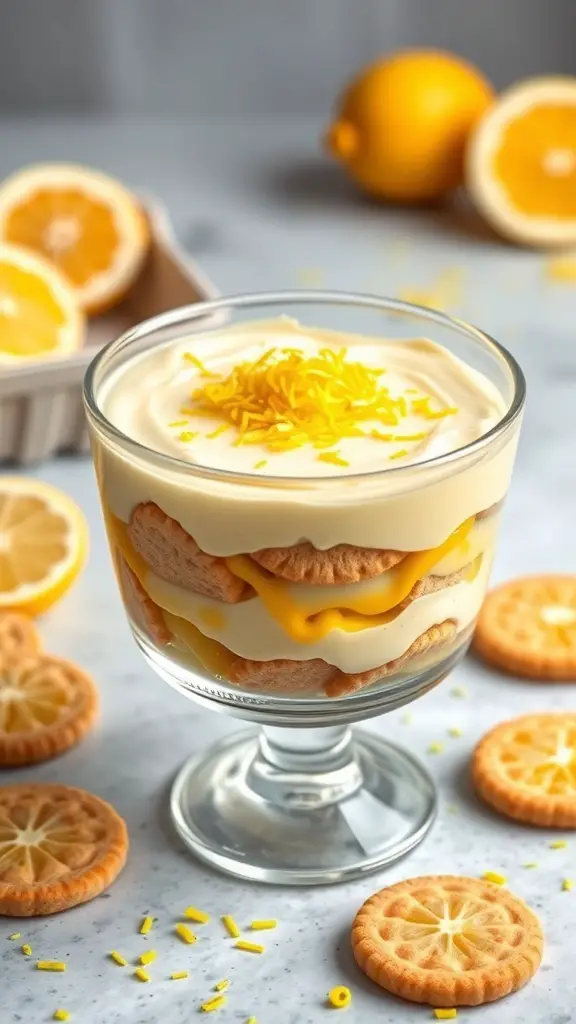 A glass of lemon curd trifle with shortbread cookies, topped with yellow sprinkles, surrounded by lemon slices and cookies.
