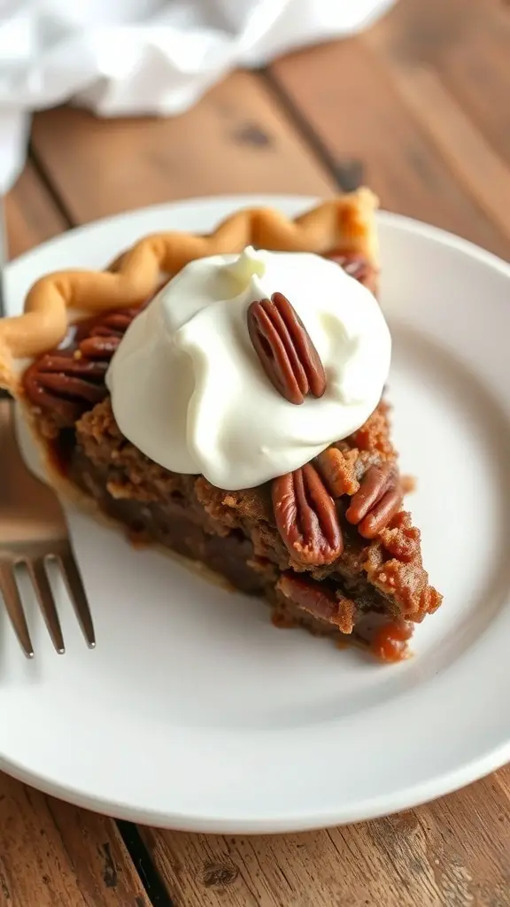 A slice of chocolate pecan pie topped with whipped cream and pecans on a white plate.