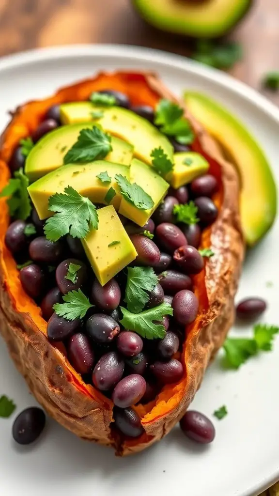 Baked sweet potato filled with black beans, avocado slices, and cilantro