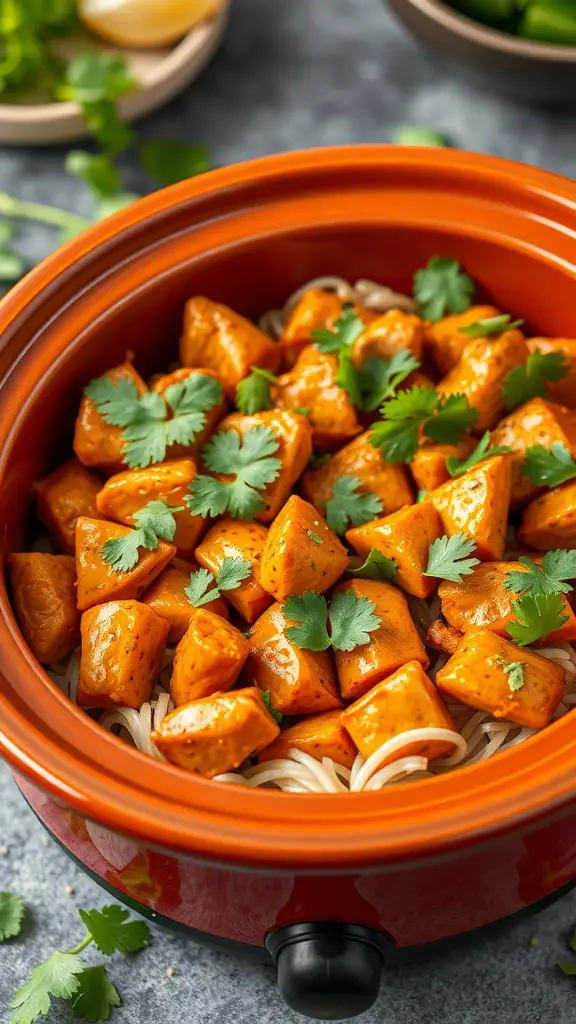 A bowl of spicy Thai peanut chicken with noodles and cilantro on top.