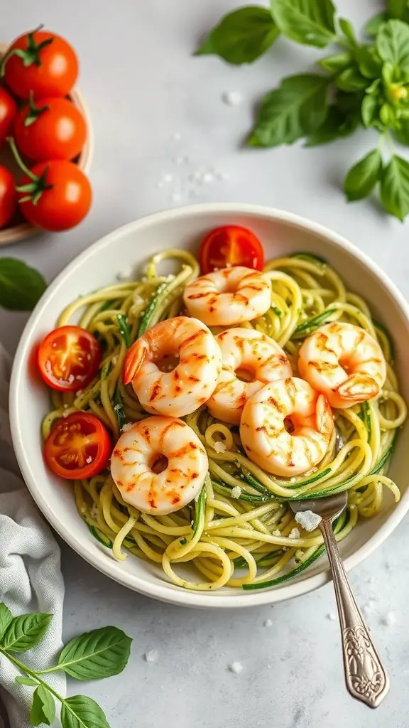 A bowl of pesto zucchini noodles topped with grilled shrimp and cherry tomatoes, garnished with fresh basil.