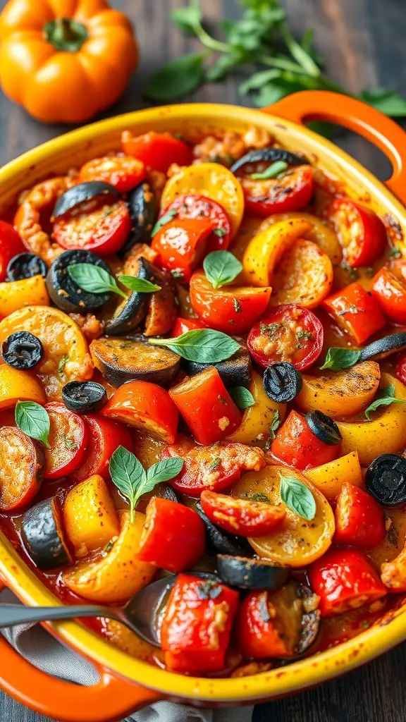 A colorful baked ratatouille casserole with various vegetables including bell peppers, tomatoes, and eggplant.