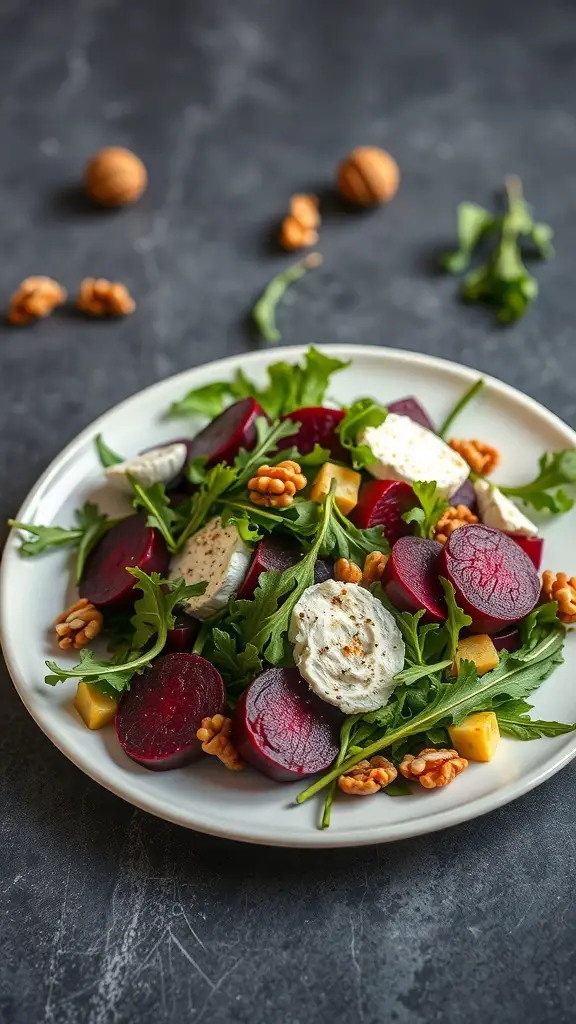 A vibrant roasted beet and goat cheese salad with arugula and walnuts on a white plate.