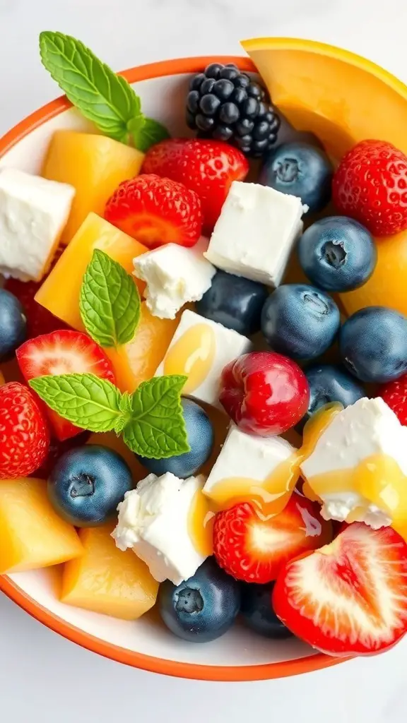 A colorful bowl of cottage cheese fruit salad with strawberries, blueberries, cantaloupe, and mint leaves.