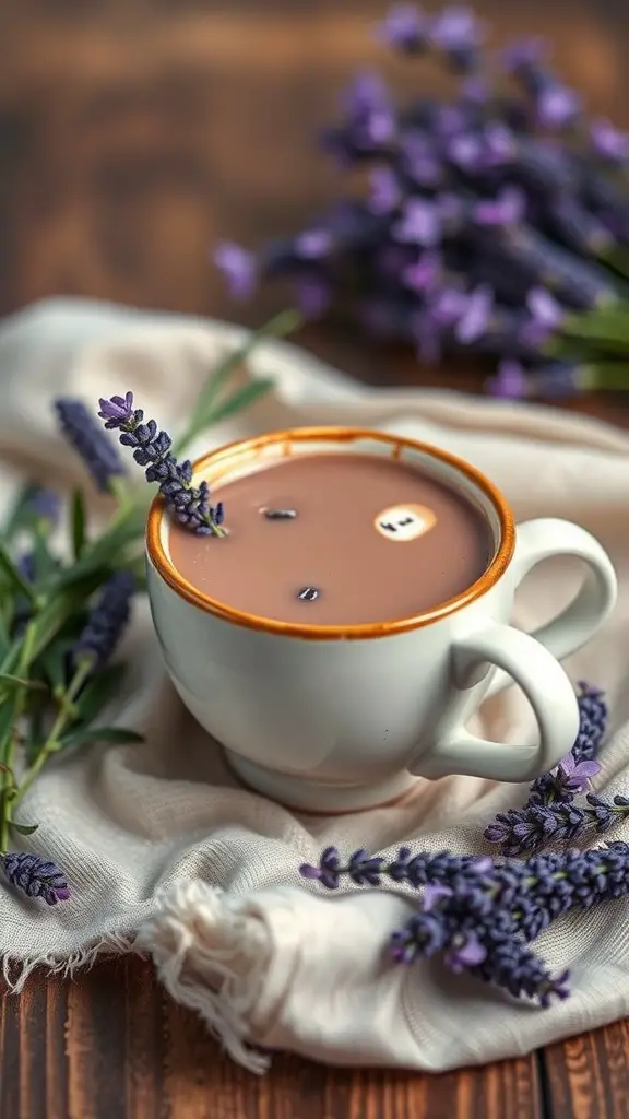A cozy cup of lavender infused hot chocolate surrounded by fresh lavender sprigs.