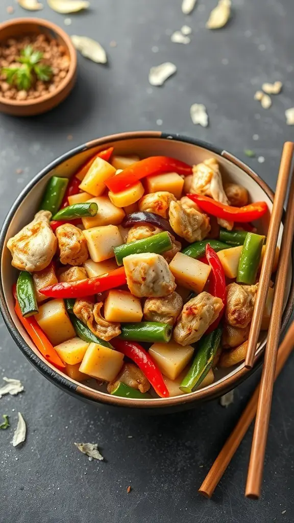 A bowl of chicken and vegetable stir-fry with colorful peppers and potatoes, served with chopsticks.
