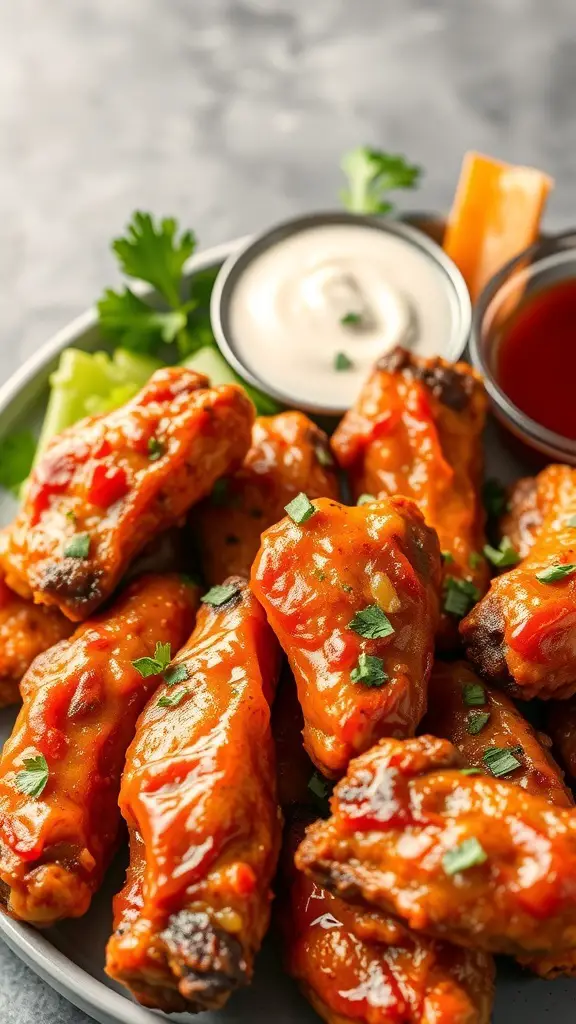 A plate of spicy grilled chicken wings with dipping sauces and garnishes.
