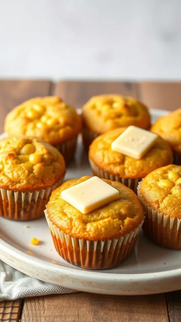 A plate of cornbread muffins topped with butter, showcasing their golden color and fluffy texture.