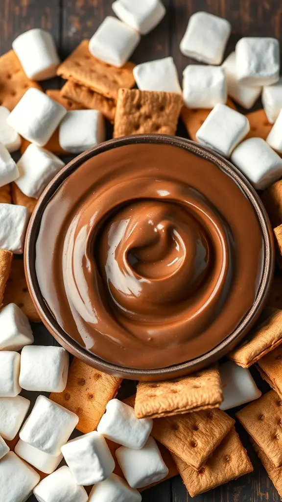 A bowl of chocolate dip surrounded by marshmallows and graham crackers.