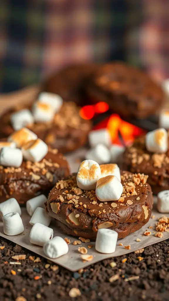 Delicious s'mores brownie cookies topped with toasted marshmallows and graham cracker crumbs.