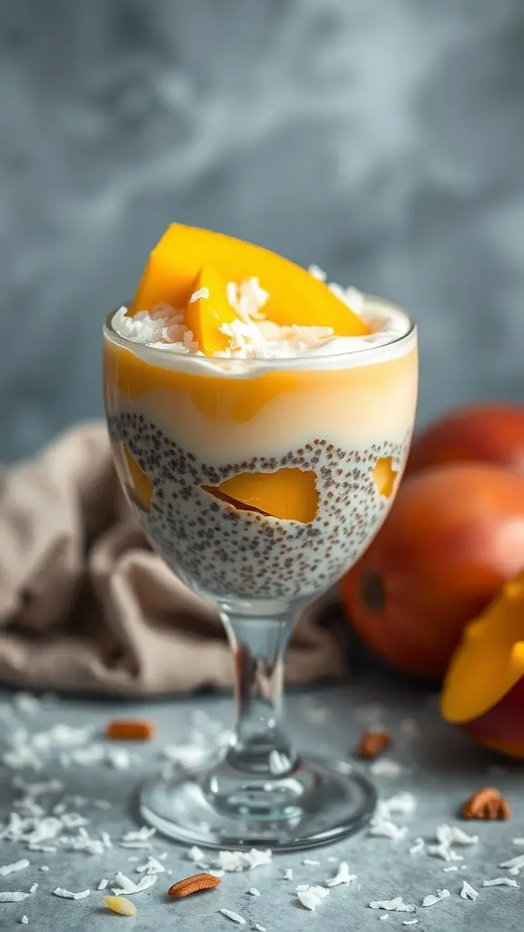 A glass of tropical mango coconut chia pudding topped with mango slices and coconut flakes.