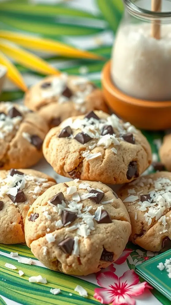 A close-up of coconut chocolate chunk cookies with chocolate chips and shredded coconut on top, surrounded by tropical leaves.