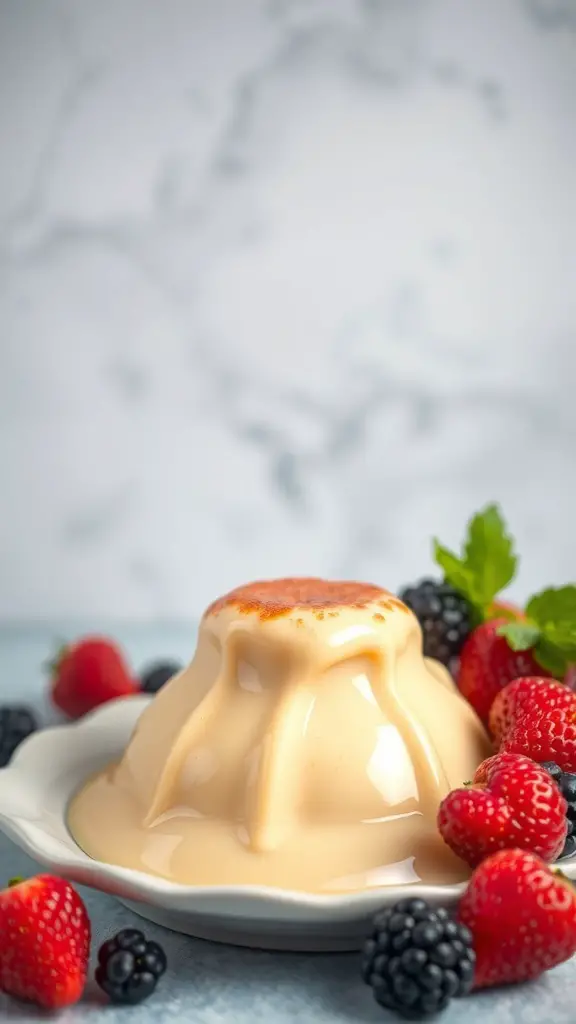 A serving of rich vanilla bean custard surrounded by fresh strawberries and blackberries.