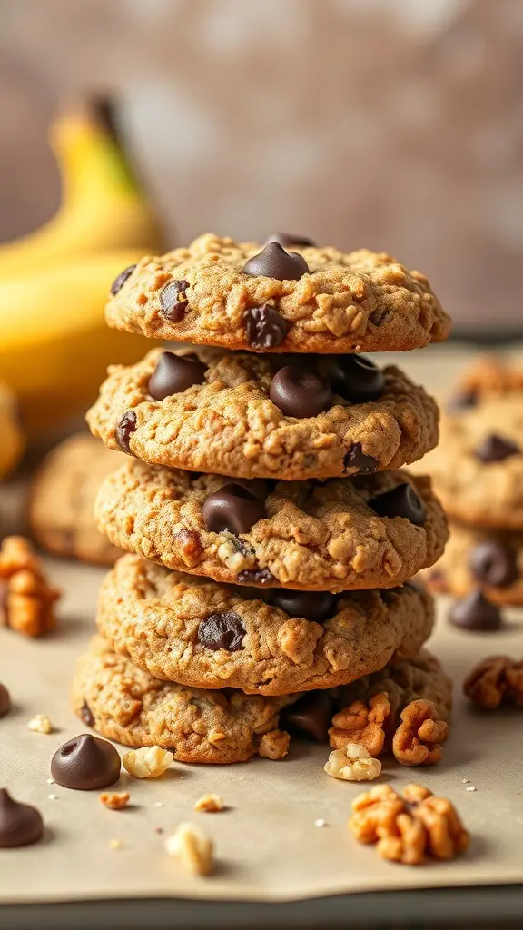 A stack of Nutty Banana Oatmeal Cookies with chocolate chips and walnuts, surrounded by more cookies and a banana in the background.