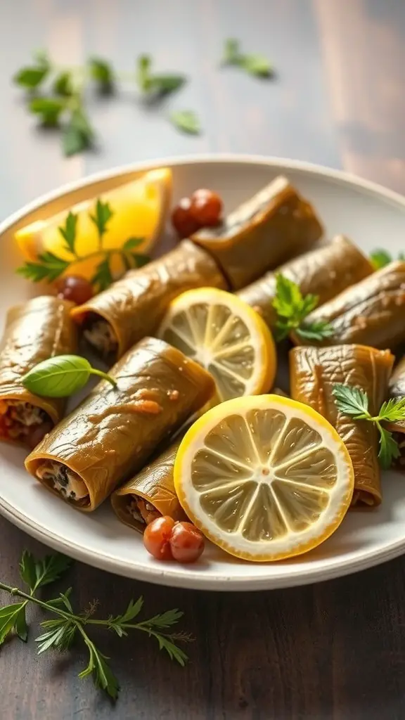 A plate of stuffed grape leaves garnished with lemon slices and herbs.