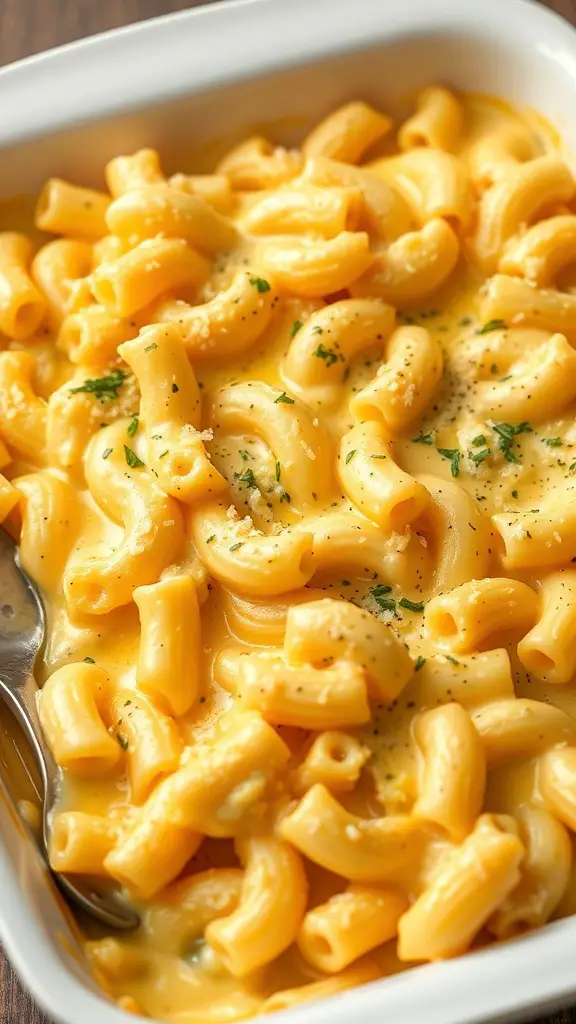 A creamy and cheesy baked macaroni and cheese dish in a white baking dish.