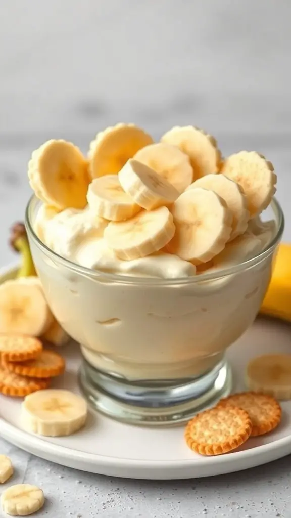 A bowl of banana pudding topped with banana slices and surrounded by vanilla wafers.