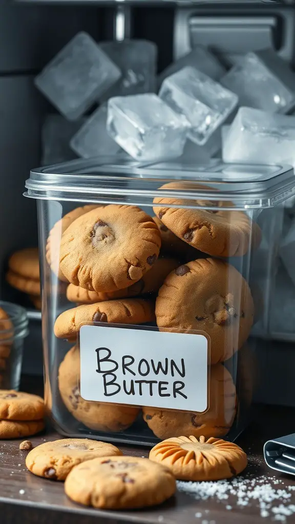 A container filled with brown butter cookies, labeled 'BROWN BUTTER,' next to ice cubes in a freezer.