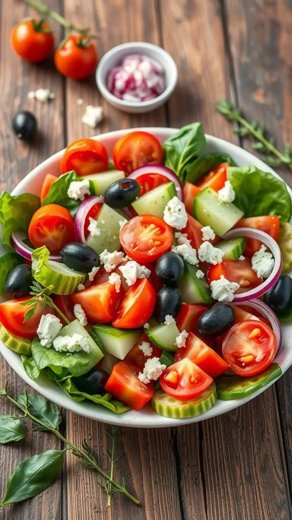 A bowl of Classic Greek Salad with tomatoes, cucumbers, feta cheese, and olives.