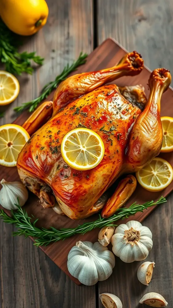 A roasted chicken garnished with lemon slices and garlic on a wooden board