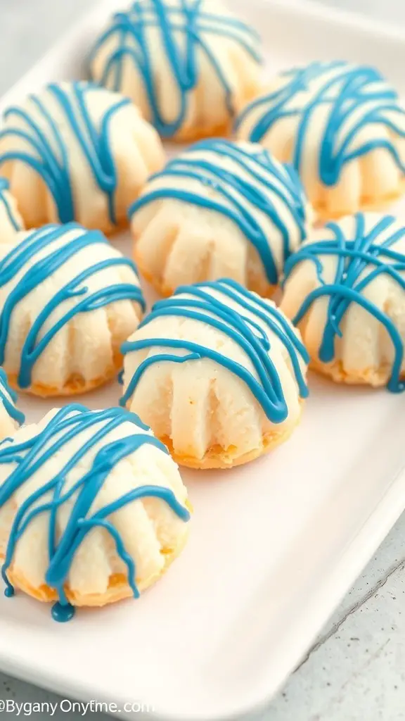 Coconut macaroons drizzled with blue icing on a white plate.