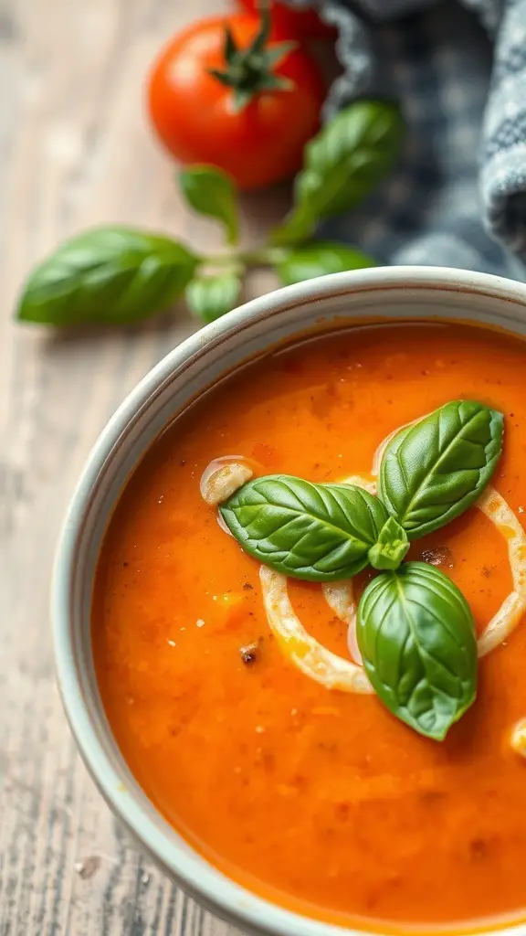 A bowl of creamy tomato basil soup garnished with fresh basil leaves, with a tomato in the background.