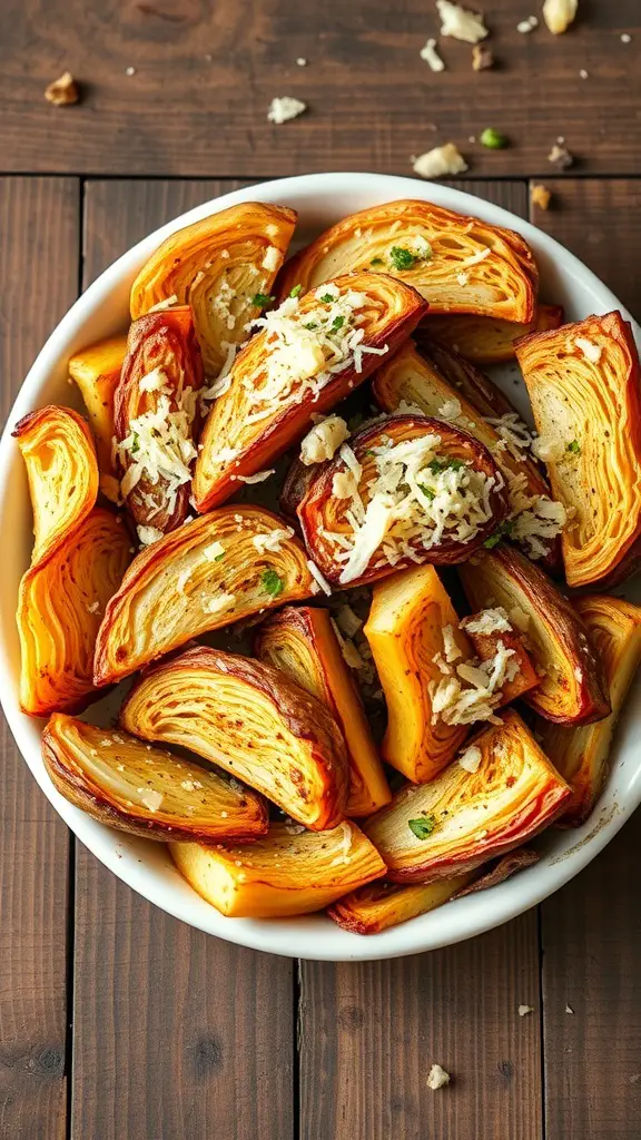 Baked cabbage wedges topped with garlic and Parmesan cheese in a white bowl.