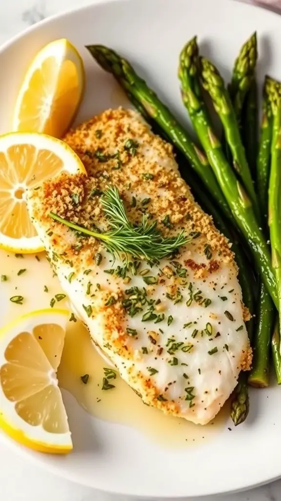 Baked cod with herb crust served with asparagus and lemon slices