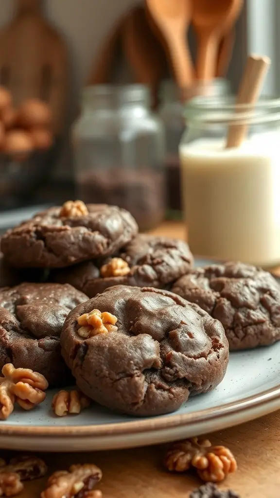 A plate of fudgy walnut brownie cookies with a glass of milk in the background.