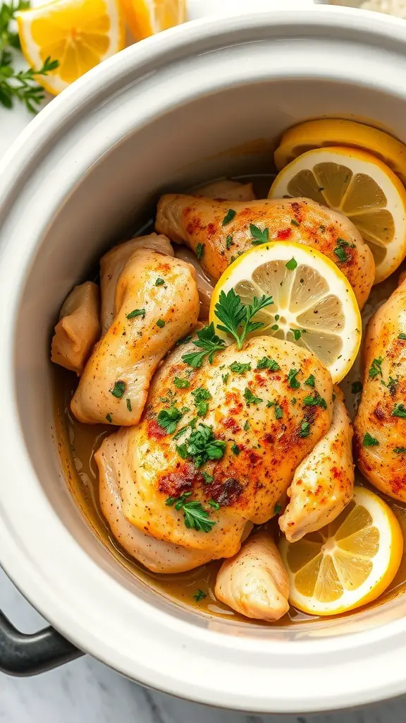 A close-up of Zesty Lemon Garlic Chicken in a crockpot, garnished with lemon slices and parsley.