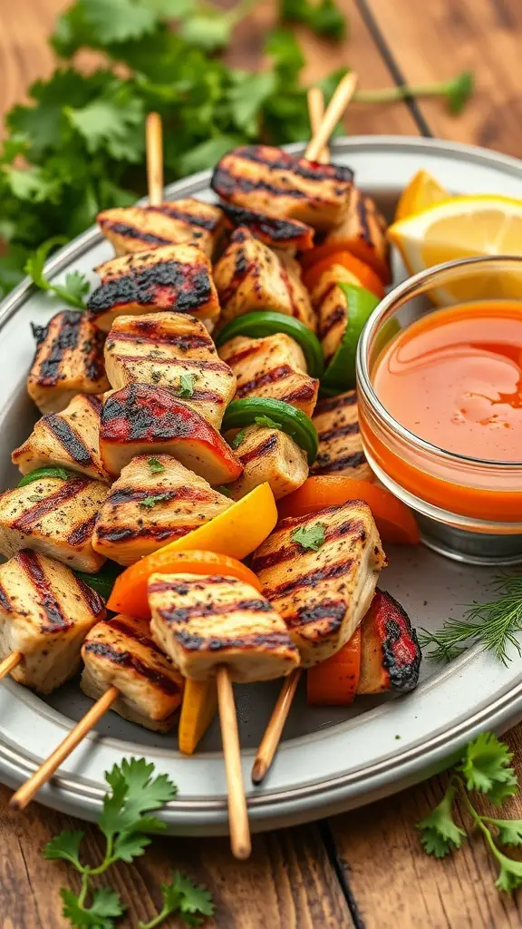Grilled herbed chicken and vegetable skewers on a plate with a dipping sauce and lemon wedges