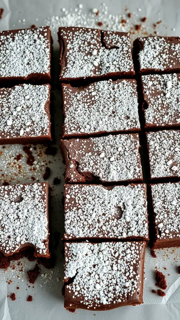 Delicious cottage cheese brownies dusted with powdered sugar, cut into squares.