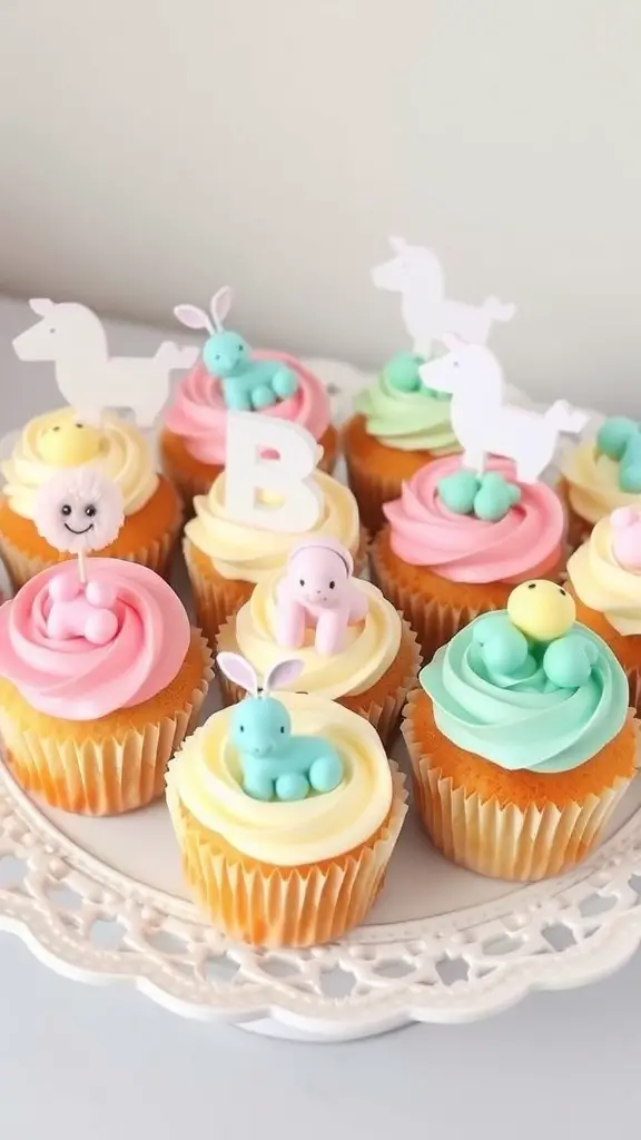 Colorful mini cupcakes decorated with pastel frosting and cute animal toppers