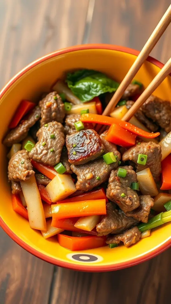 A colorful bowl of beef and vegetable stir-fry with chopsticks