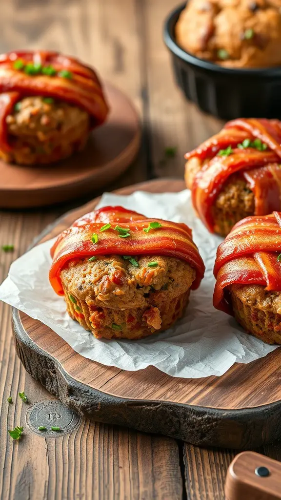 Keto meatloaf muffins wrapped in bacon on a wooden platter