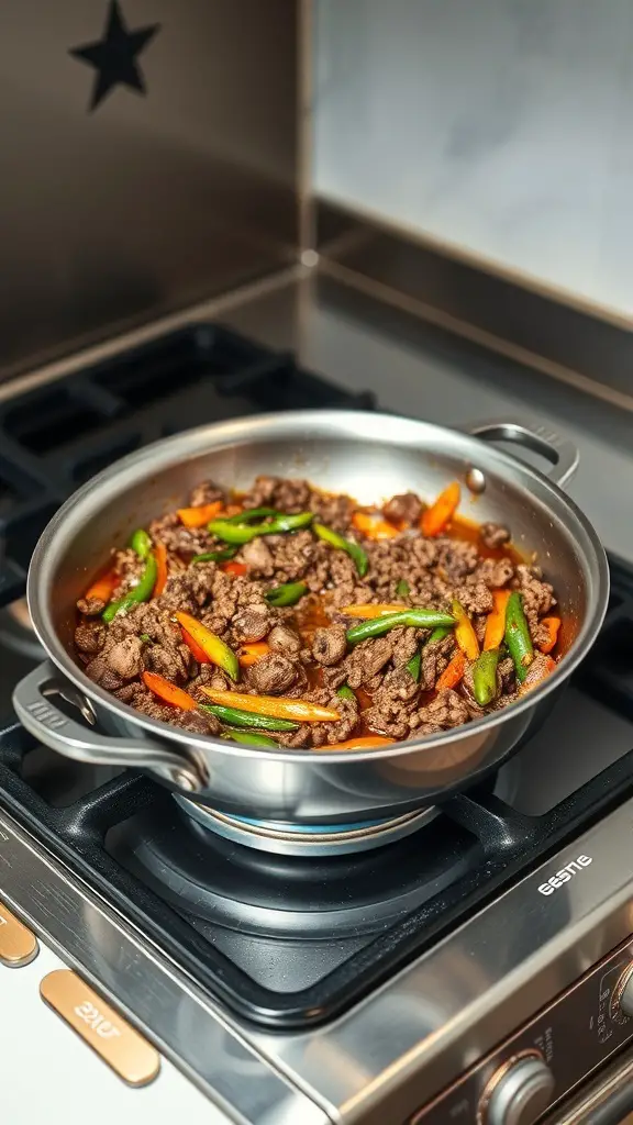 A pan with ground beef and colorful vegetables cooking on a stovetop.