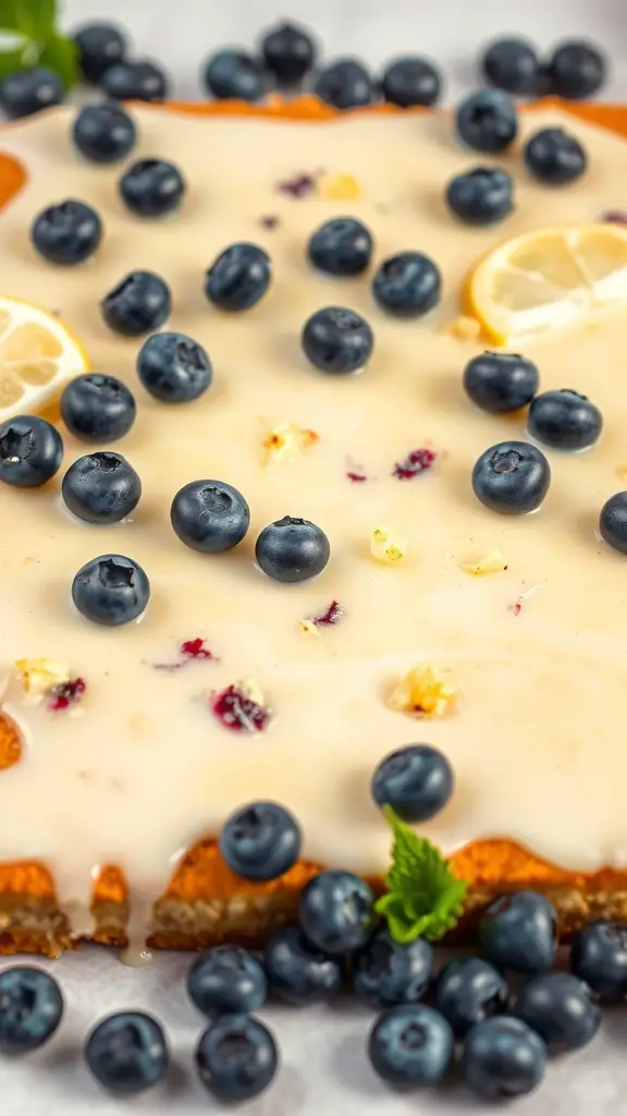Lemon Blueberry Sheet Cake topped with blueberries and lemon slices