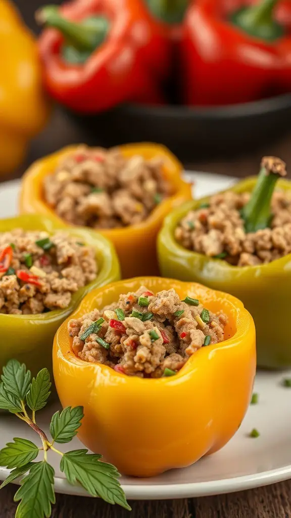 Stuffed bell peppers filled with ground pork and herbs, with colorful peppers in the background.