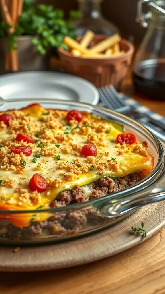 A delicious zucchini beef casserole topped with cheese and cherry tomatoes in a glass baking dish.