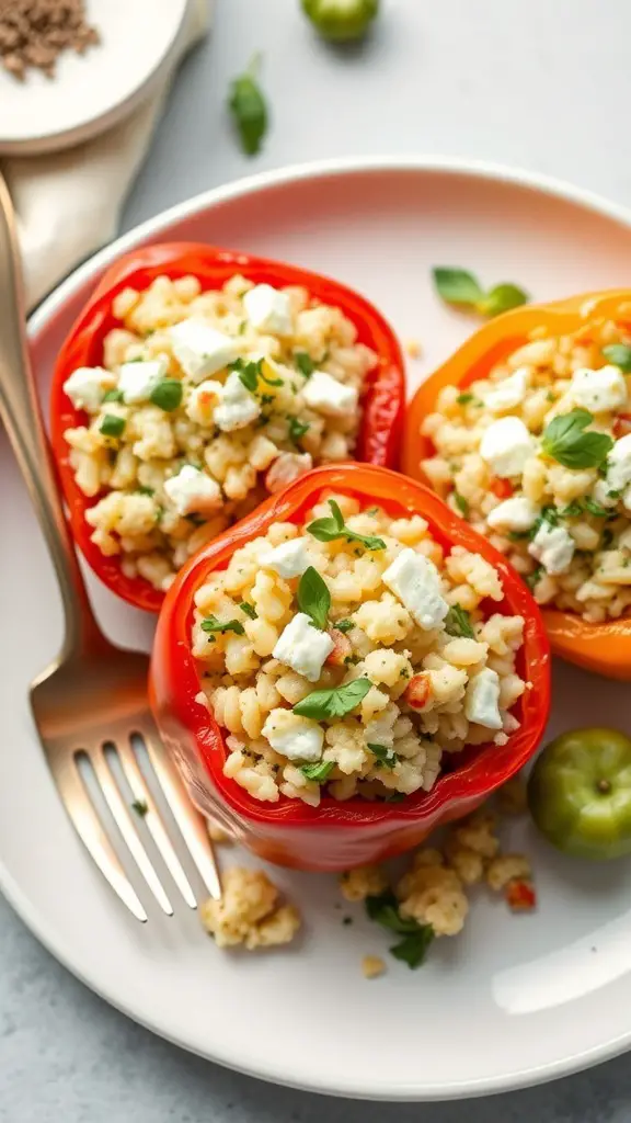 Three stuffed bell peppers filled with grains and feta cheese on a plate.