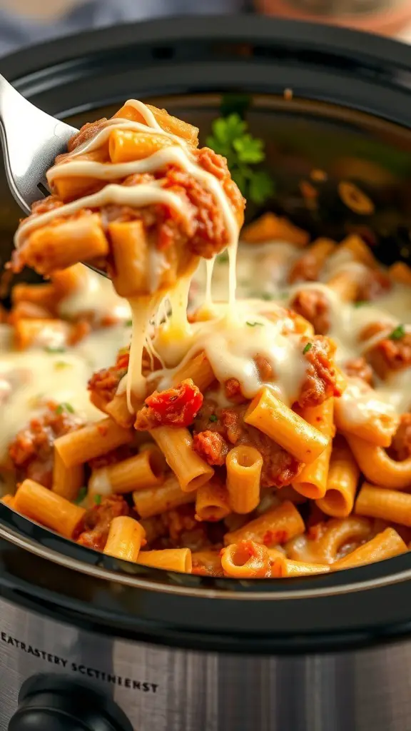 A close-up of baked ziti with cheese in a crockpot, showing pasta, sauce, and melted cheese.